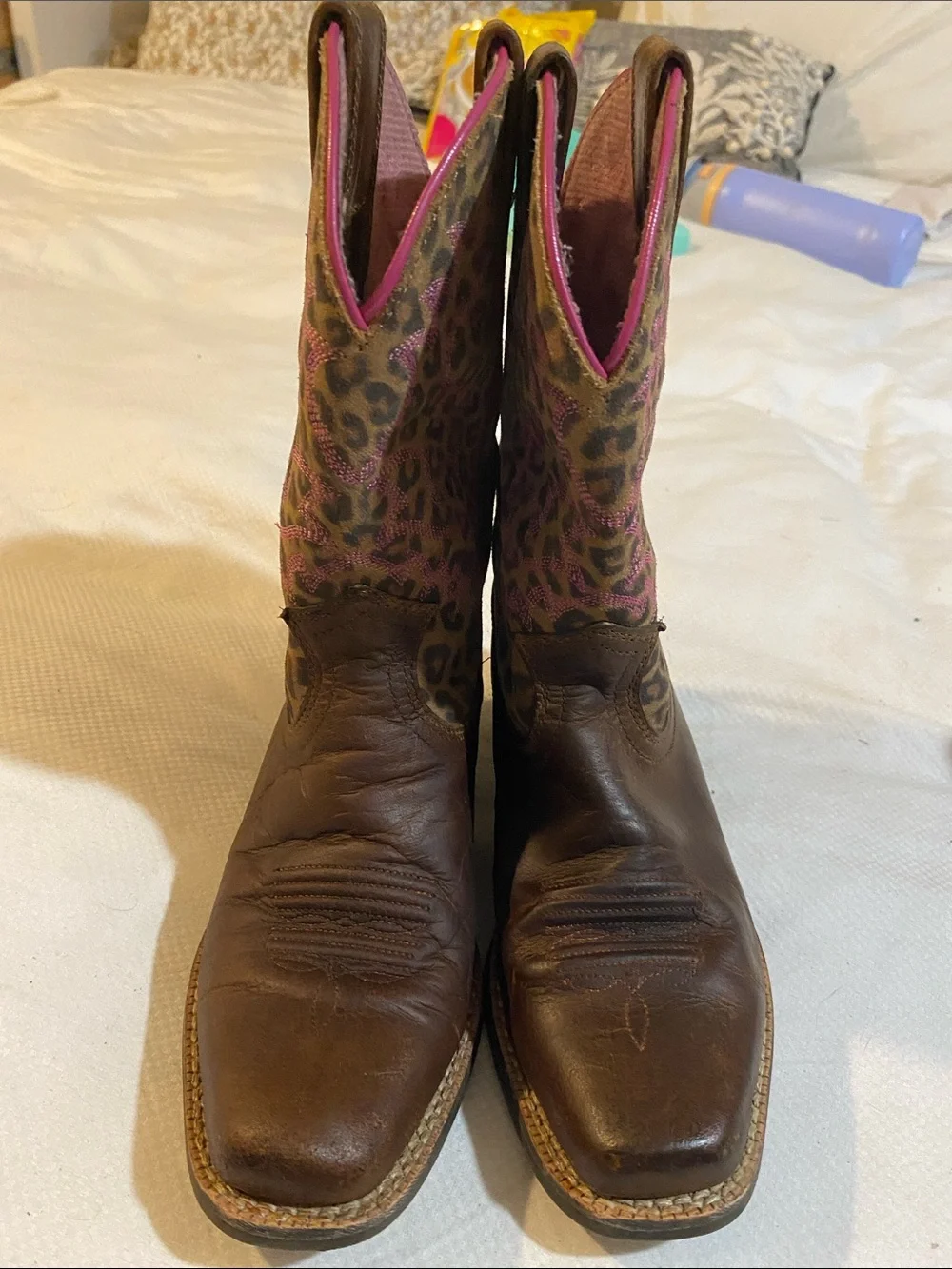 Ariat Brown Leather Western Boots with Pink Leopard Shaft